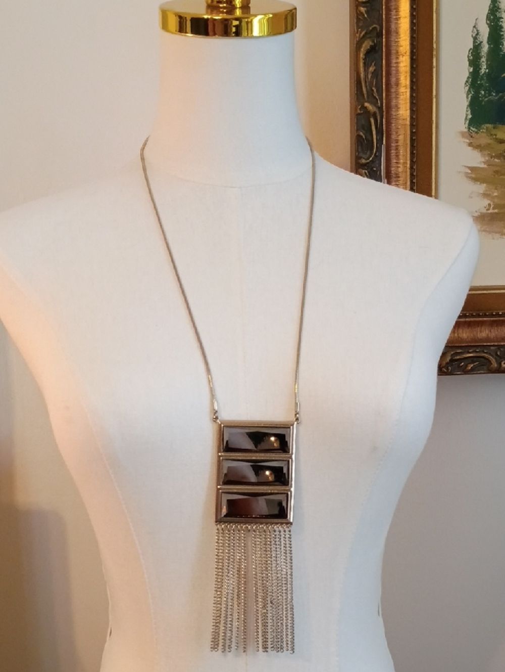 Silver Tone Black Panel Tassel Necklace Statement Fringe Pendant